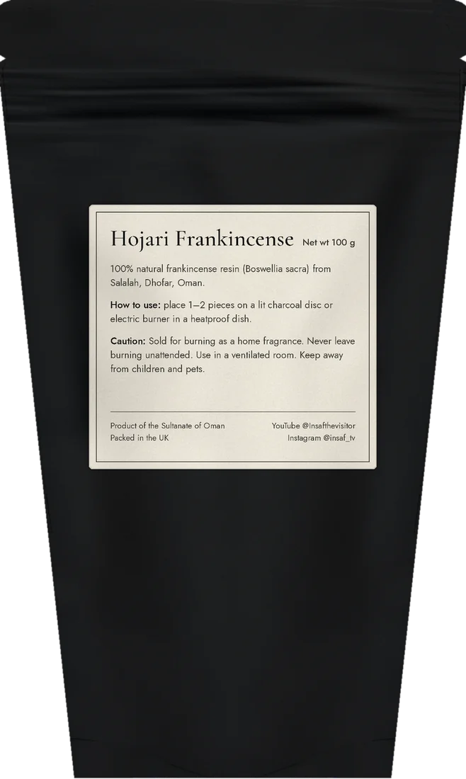 Back of the pouch: label with origin, how to use and safety details